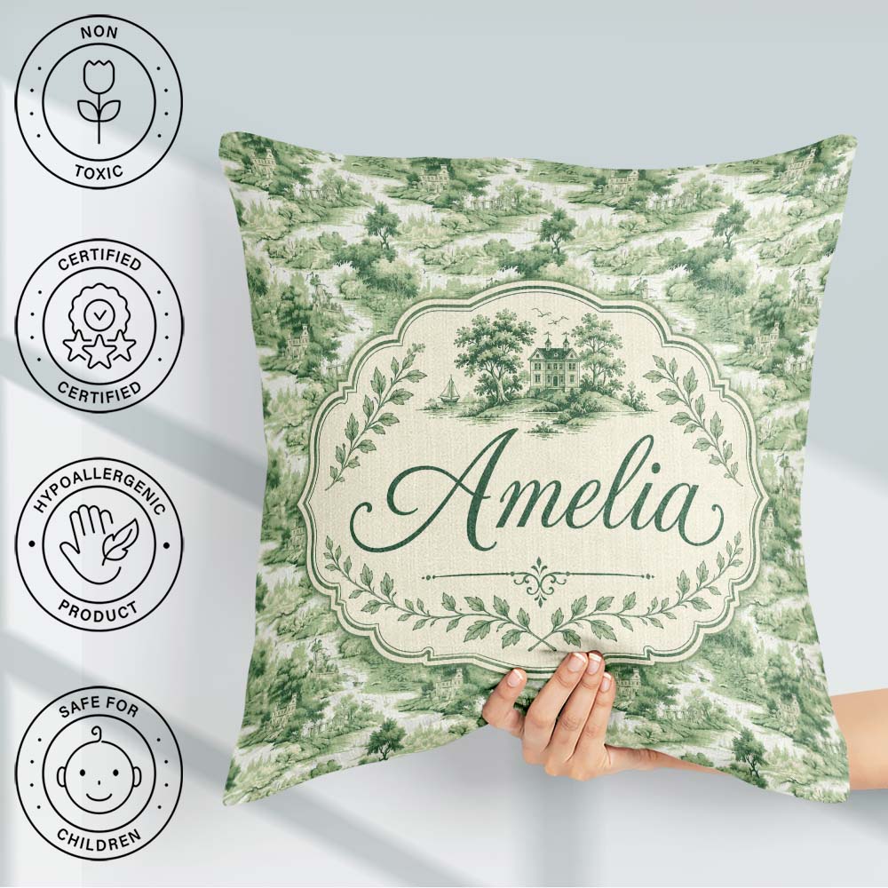 Custom Name Soft Green Countryside River Village Scenic Seamless Square Filled Cushion Throw Pillow Sofa Bed Home Decor Zip Washable UK Made