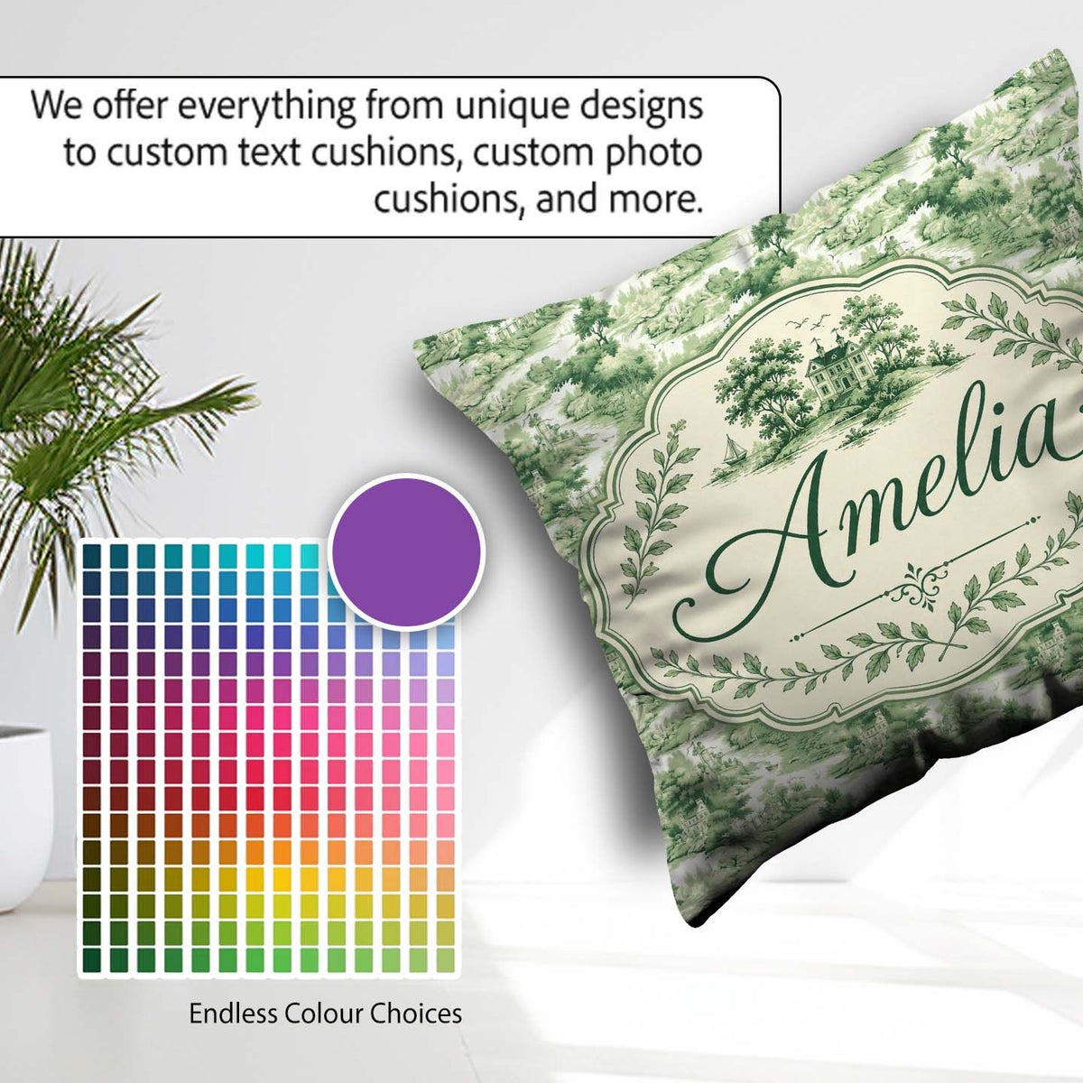 Custom Name Soft Green Countryside River Village Scenic Seamless Square Filled Cushion Throw Pillow Sofa Bed Home Decor Zip Washable UK Made