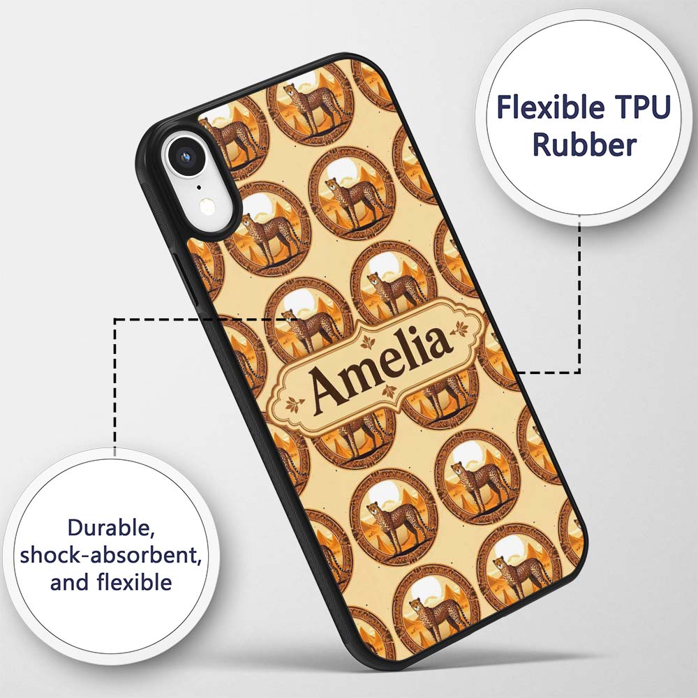 Ornate Desert Cheetah Medallion Tribal Frame Custom Name Protective Phone Case Mobile Cover Durable Everyday Smartphone Shock Resistant