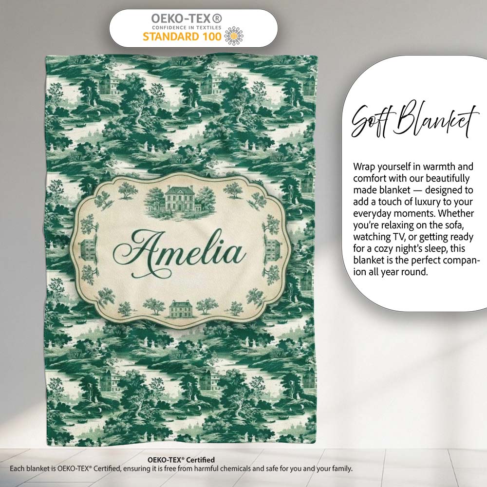 Dark Green Romantic Landscape with Figures Scenic Toile Seamless Personalised Custom Name Super Soft Fleece Blanket Bed Sofa Throw