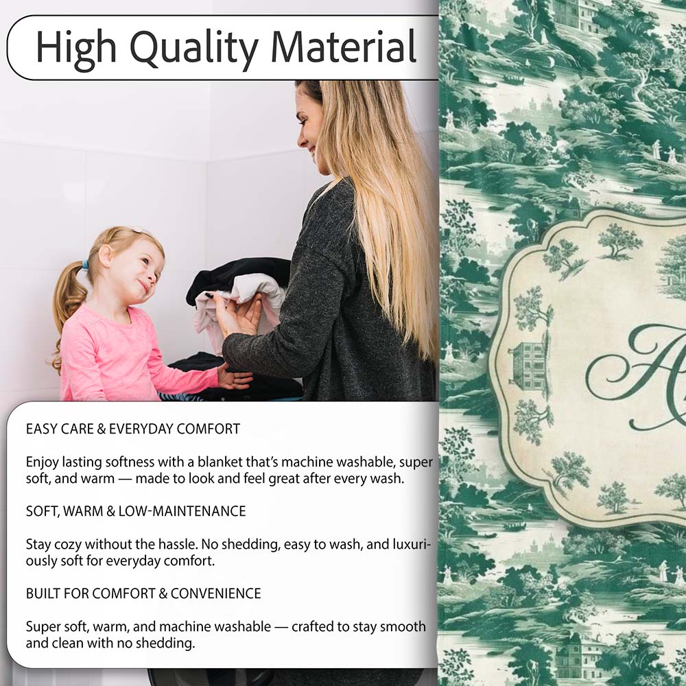 Dark Green Romantic Landscape with Figures Scenic Toile Seamless Personalised Custom Name Super Soft Fleece Blanket Bed Sofa Throw
