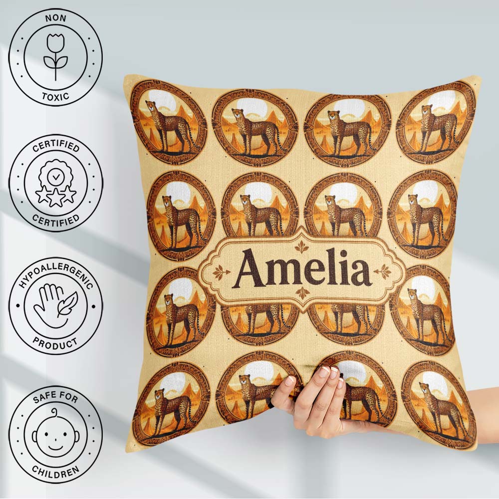 Custom Name Ornate Desert Cheetah Medallion Tribal Frame Pattern Square Filled Cushion Throw Pillow Sofa Bed Home Decor Zip Washable UK Made