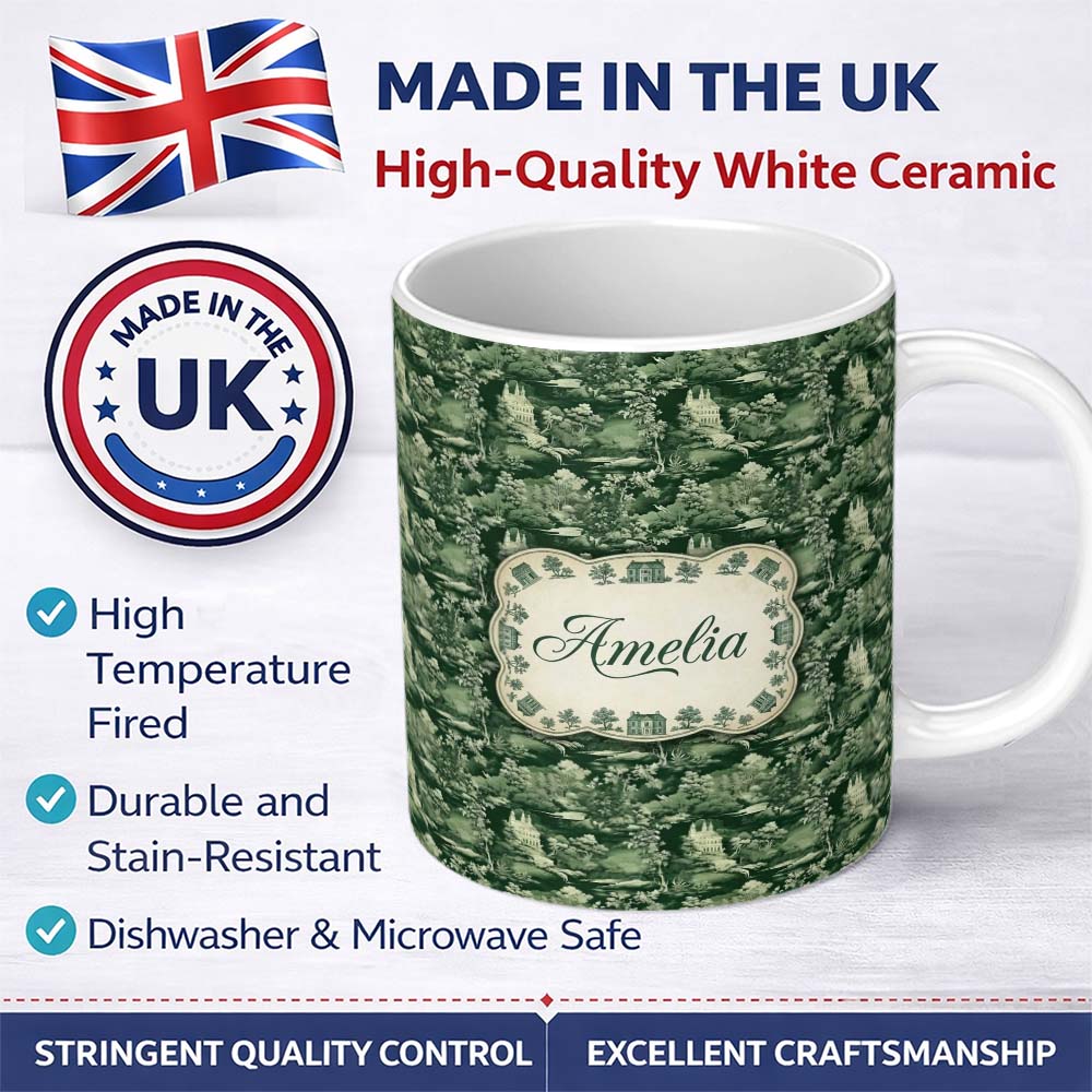 Personalized Custom Name Deep Forest Estate and River Scenic Toile Classic Seamless Pattern 11oz Ceramic Coffee Tea Mug White Large Handle