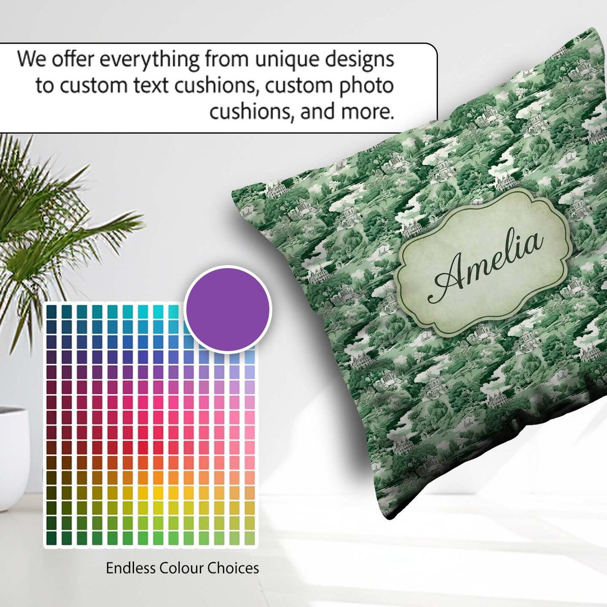 Custom Name Bright Green Pastoral Hillside Scenic Toile Seamless Square Filled Cushion Throw Pillow Sofa Bed Home Decor Zip Washable UK Made