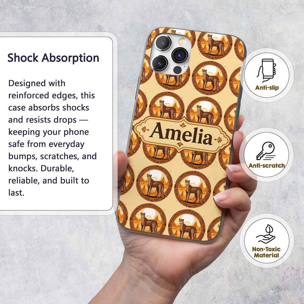 Ornate Desert Cheetah Medallion Tribal Frame Custom Name Protective Phone Case Mobile Cover Durable Everyday Smartphone Shock Resistant