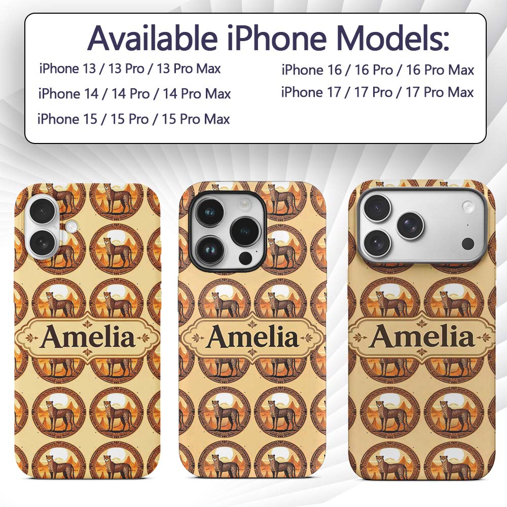 Ornate Desert Cheetah Medallion Tribal Frame Custom Name Protective Phone Case Mobile Cover Durable Everyday Smartphone Shock Resistant
