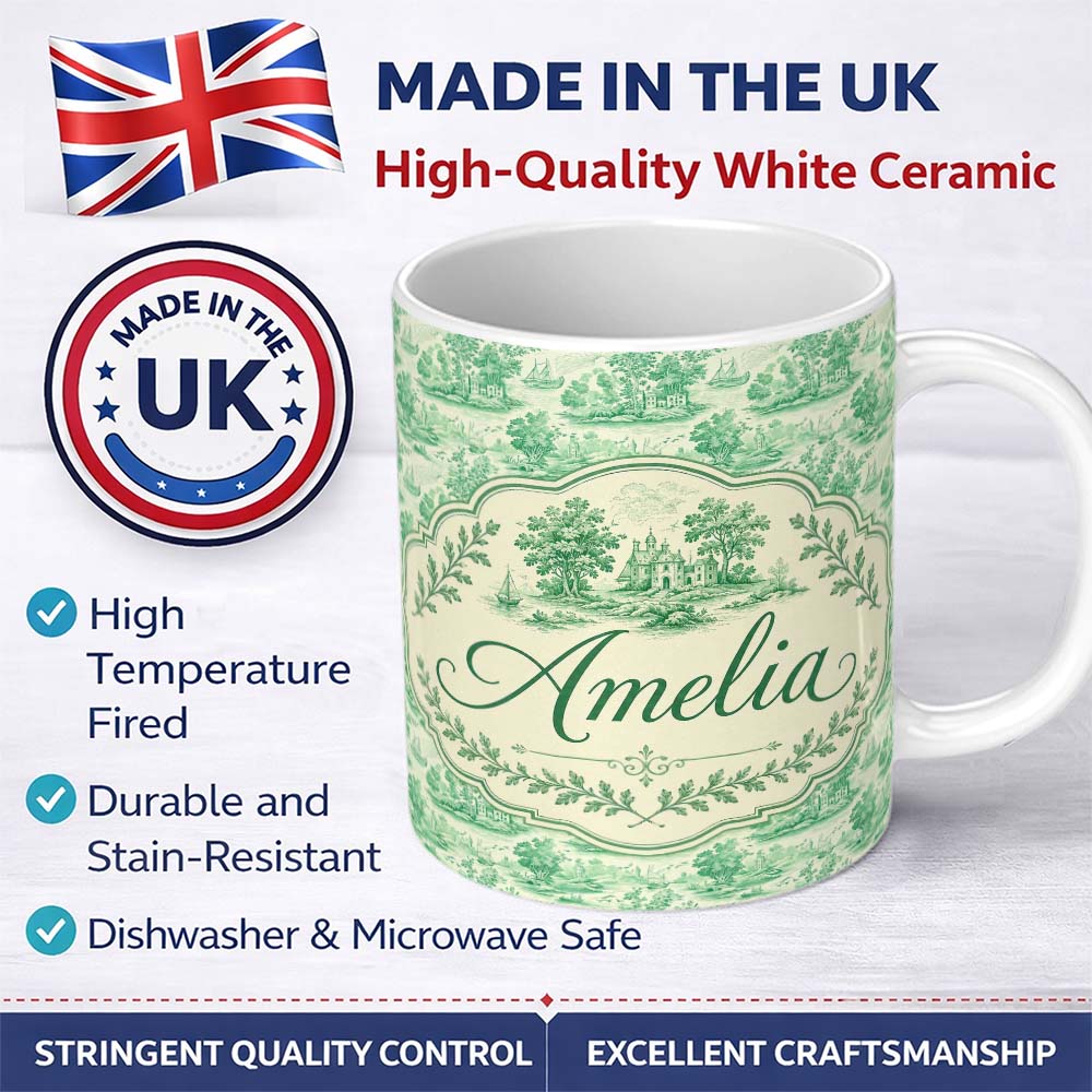 Personalized Custom Name Vintage Coastal Village Ships and Trees Scenic Toile Seamless 11oz Ceramic Coffee Tea Mug White Large Handle