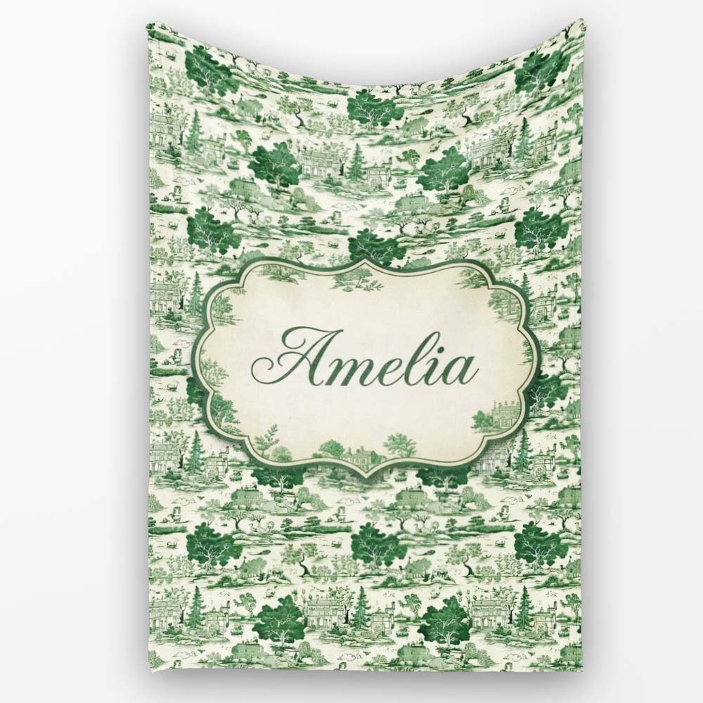 Elegant Garden Estate with Statues Scenic Toile Seamless Pattern Personalised Custom Name Super Soft Fleece Blanket Bed Sofa Throw