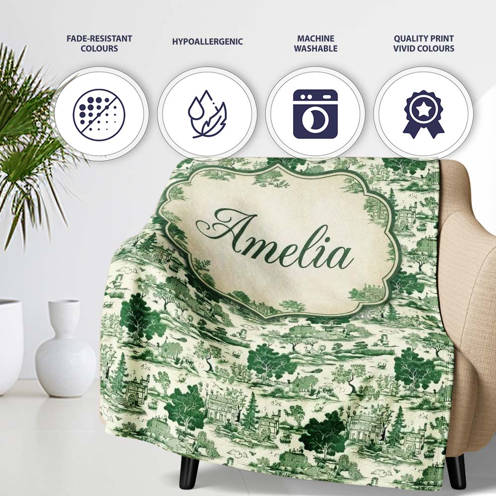 Elegant Garden Estate with Statues Scenic Toile Seamless Pattern Personalised Custom Name Super Soft Fleece Blanket Bed Sofa Throw