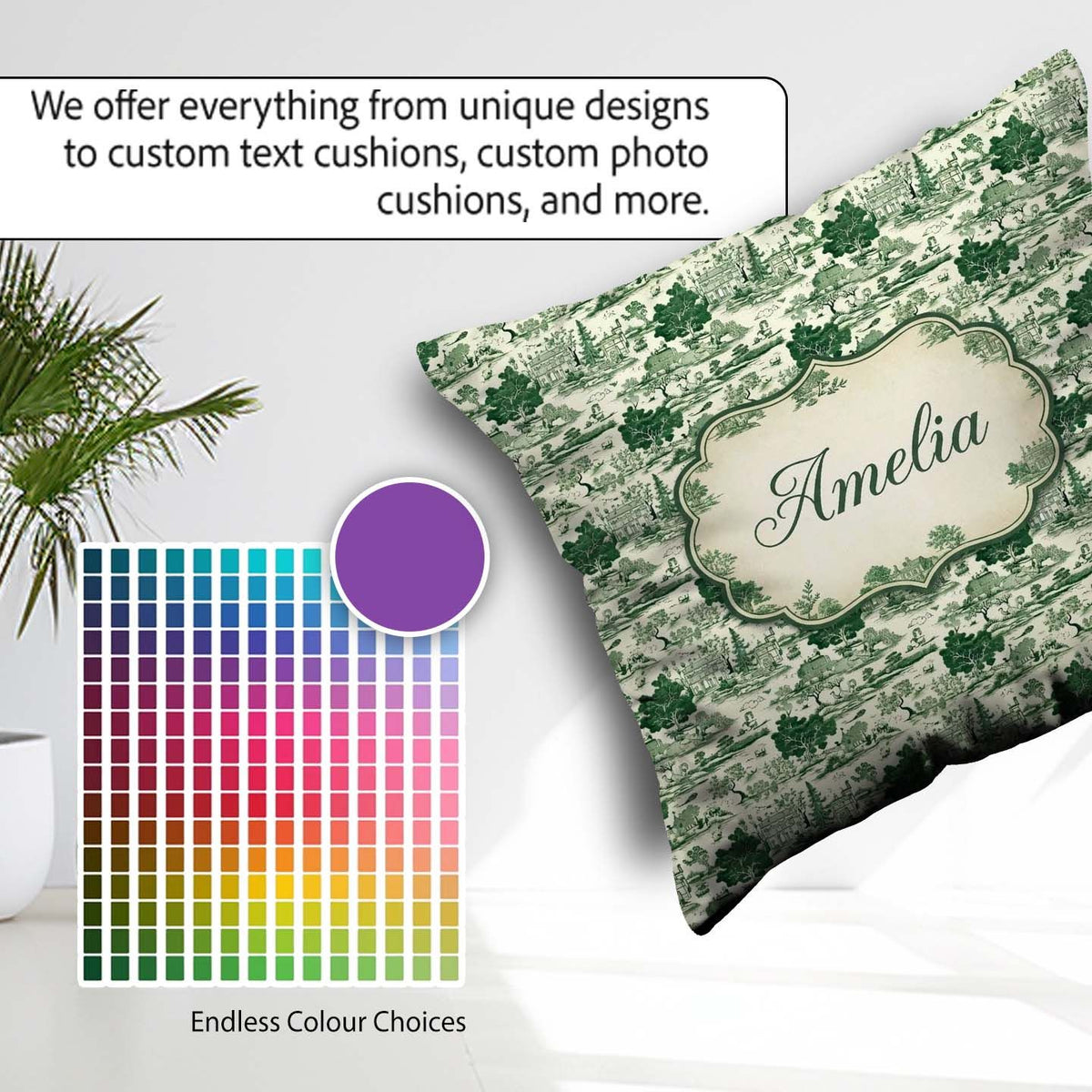 Custom Name Elegant Garden Estate Statues Toile Seamless Pattern Square Filled Cushion Throw Pillow Sofa Bed Home Decor Zip Washable UK Made