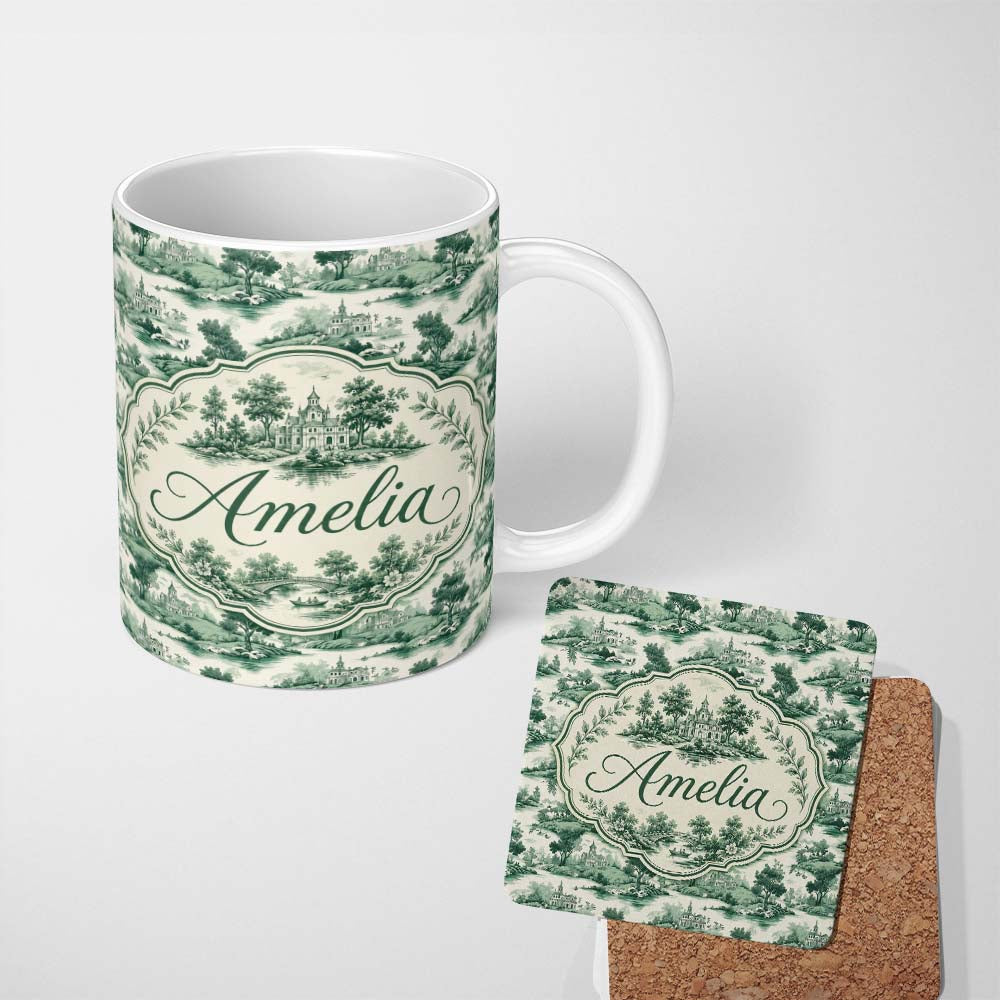 Personalized Custom Name Soft Green Countryside River Village Scenic Toile Seamless Pattern 11oz Ceramic Coffee Tea Mug White Large Handle