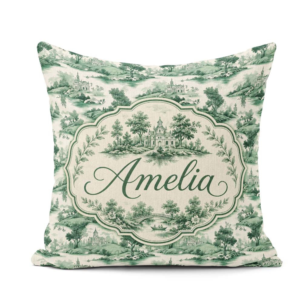 Custom Name Soft Green Countryside River Village Scenic Seamless Square Filled Cushion Throw Pillow Sofa Bed Home Decor Zip Washable UK Made