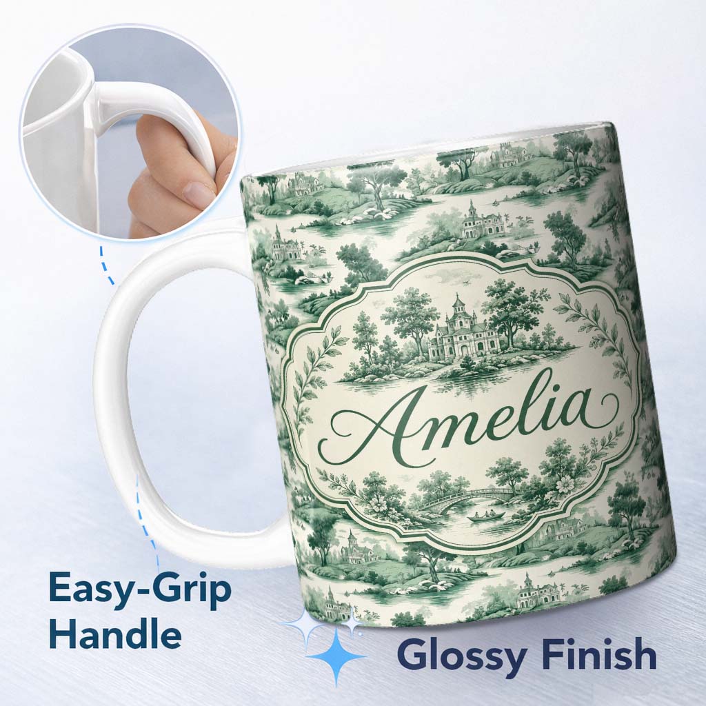 Personalized Custom Name Soft Green Countryside River Village Scenic Toile Seamless Pattern 11oz Ceramic Coffee Tea Mug White Large Handle