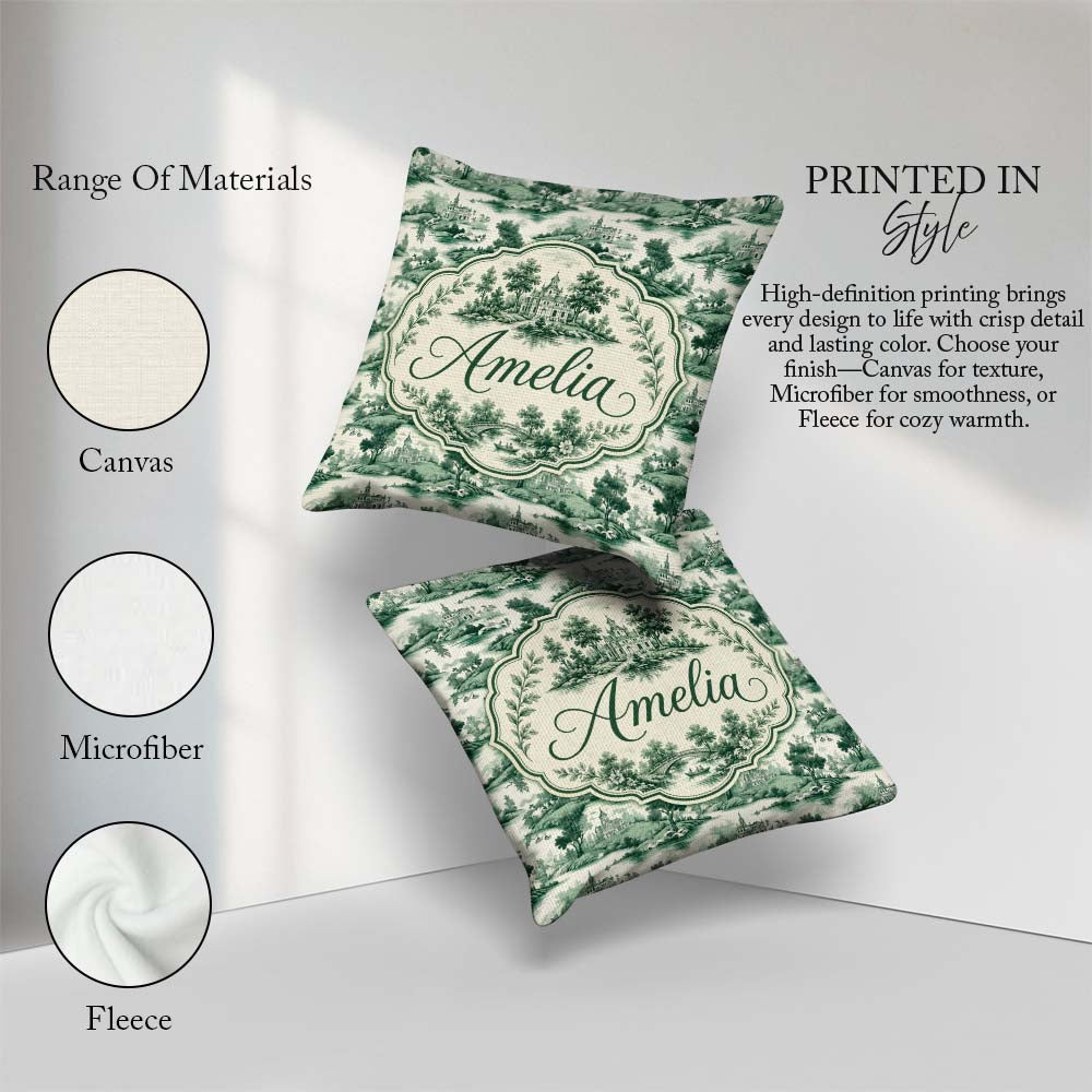Custom Name Soft Green Countryside River Village Scenic Seamless Square Filled Cushion Throw Pillow Sofa Bed Home Decor Zip Washable UK Made