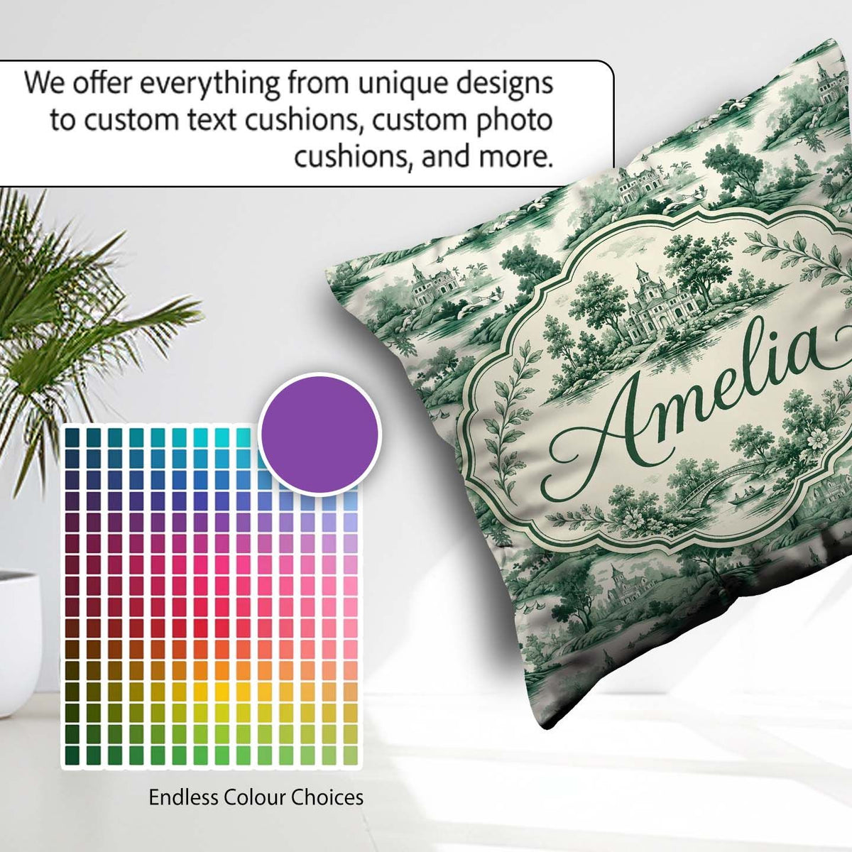 Custom Name Soft Green Countryside River Village Scenic Seamless Square Filled Cushion Throw Pillow Sofa Bed Home Decor Zip Washable UK Made