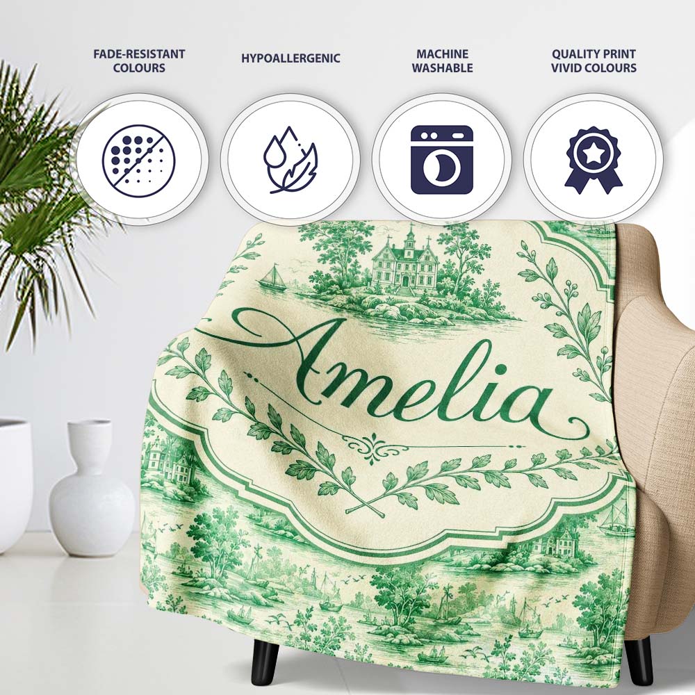 Classic Green Garden Landscape with Villas Scenic Toile Seamless Personalised Custom Name Super Soft Fleece Blanket Bed Sofa Throw