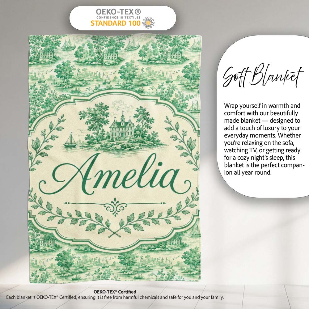 Classic Green Garden Landscape with Villas Scenic Toile Seamless Personalised Custom Name Super Soft Fleece Blanket Bed Sofa Throw