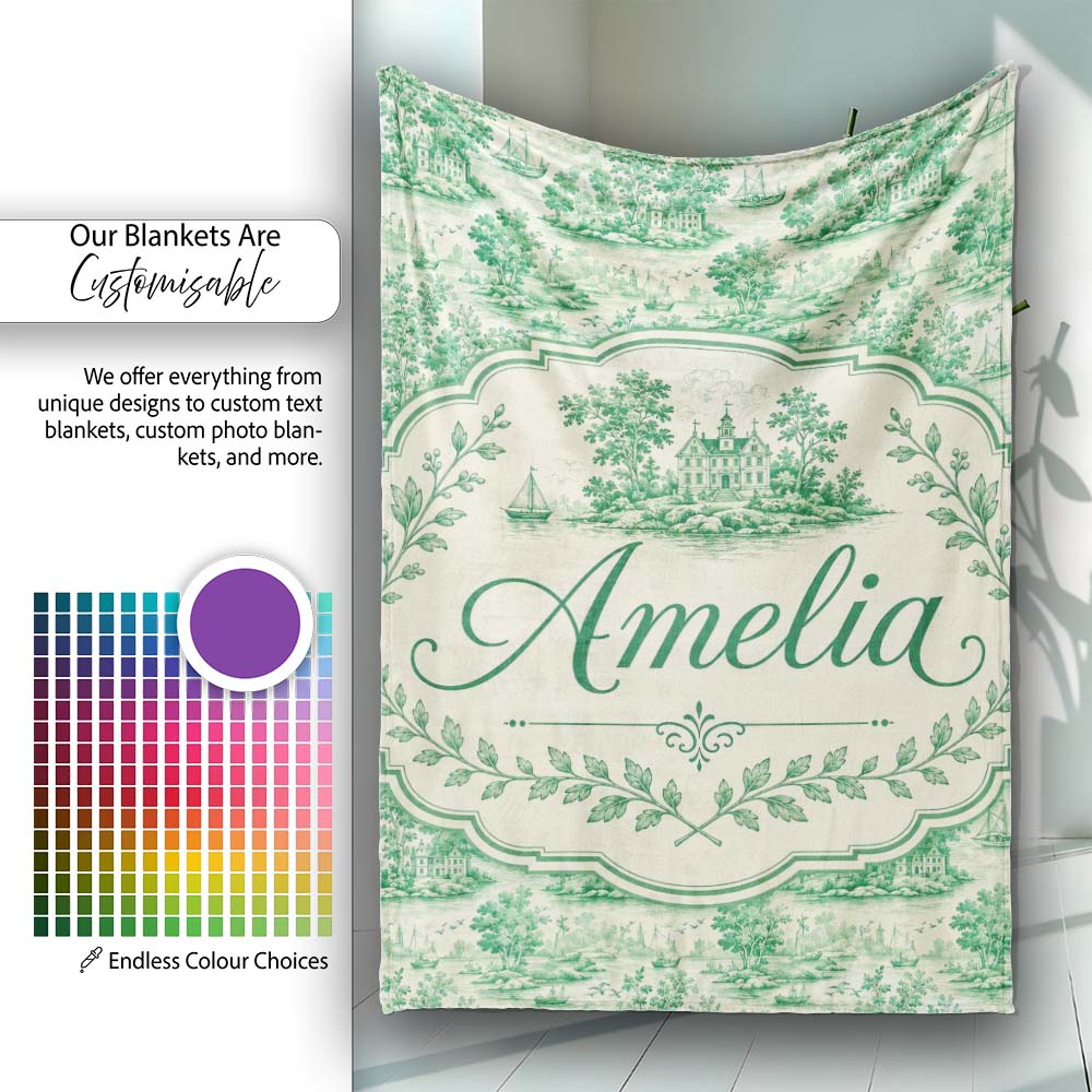 Classic Green Garden Landscape with Villas Scenic Toile Seamless Personalised Custom Name Super Soft Fleece Blanket Bed Sofa Throw