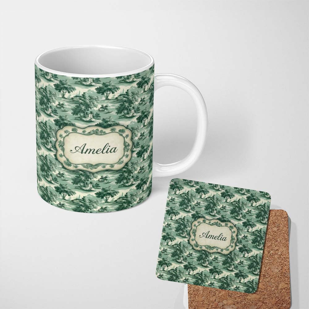 Personalized Custom Name Elegant Riverside Trees and Pagoda Scenic Toile Seamless Pattern 11oz Ceramic Coffee Tea Mug White Large Handle