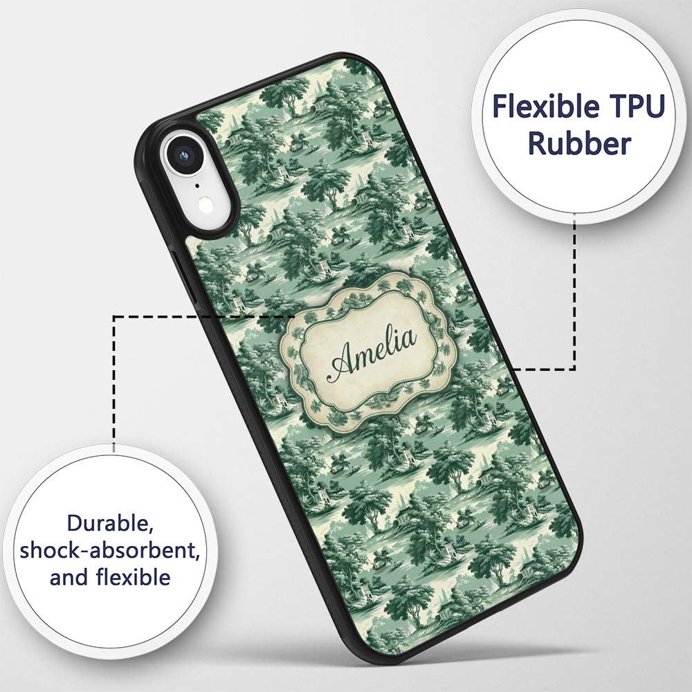Elegant Riverside Trees and Pagoda Scenic Toile Custom Name Protective Phone Case Mobile Cover Durable Everyday Smartphone Shock Resistant