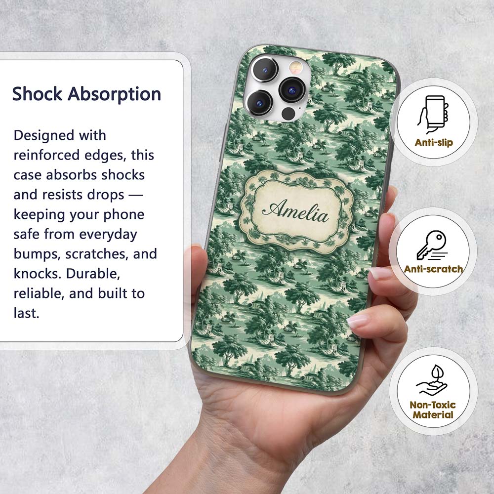Elegant Riverside Trees and Pagoda Scenic Toile Custom Name Protective Phone Case Mobile Cover Durable Everyday Smartphone Shock Resistant