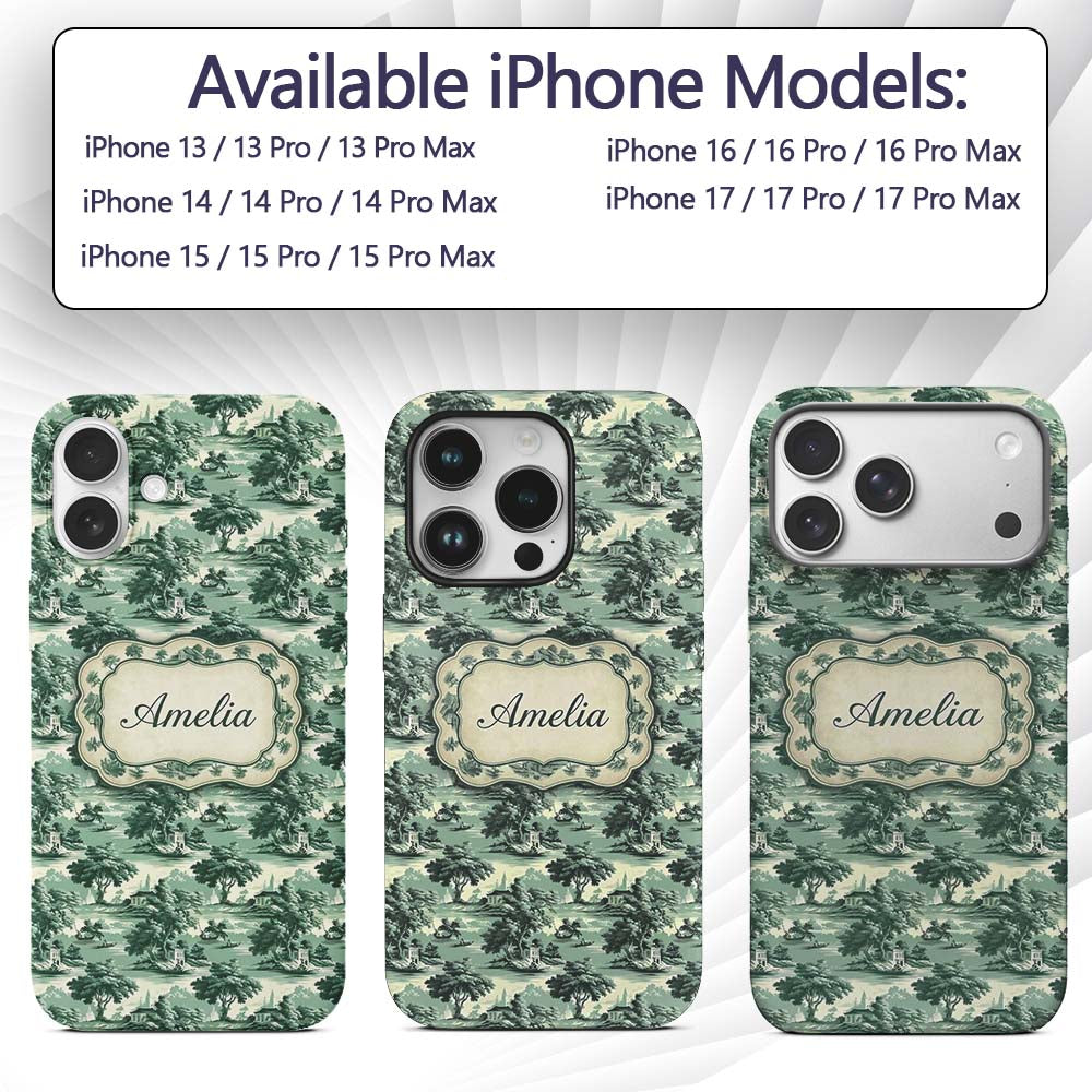 Elegant Riverside Trees and Pagoda Scenic Toile Custom Name Protective Phone Case Mobile Cover Durable Everyday Smartphone Shock Resistant