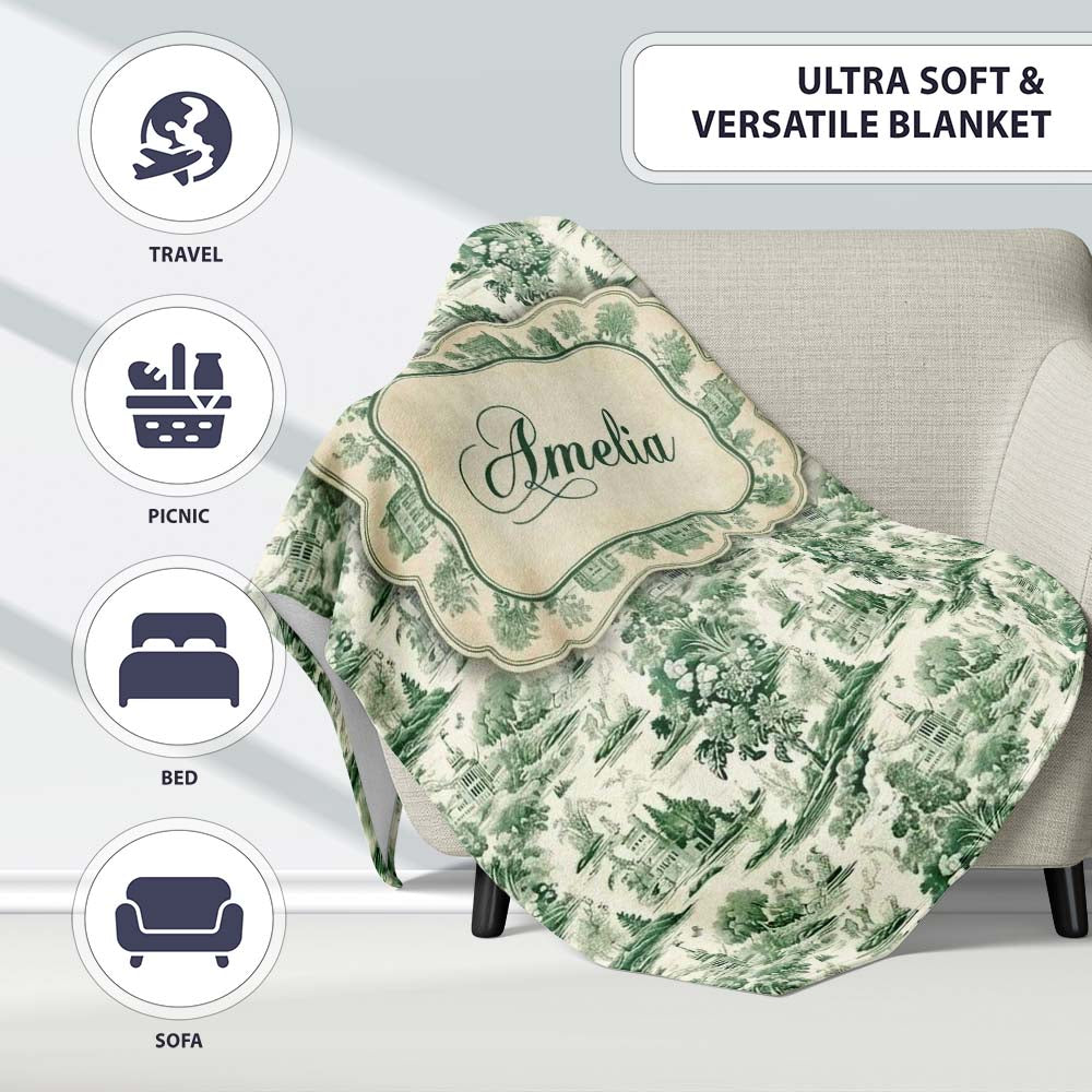 Vintage Garden Statues and Floral Landscape Toile Seamless Pattern Personalised Custom Name Super Soft Fleece Blanket Bed Sofa Throw