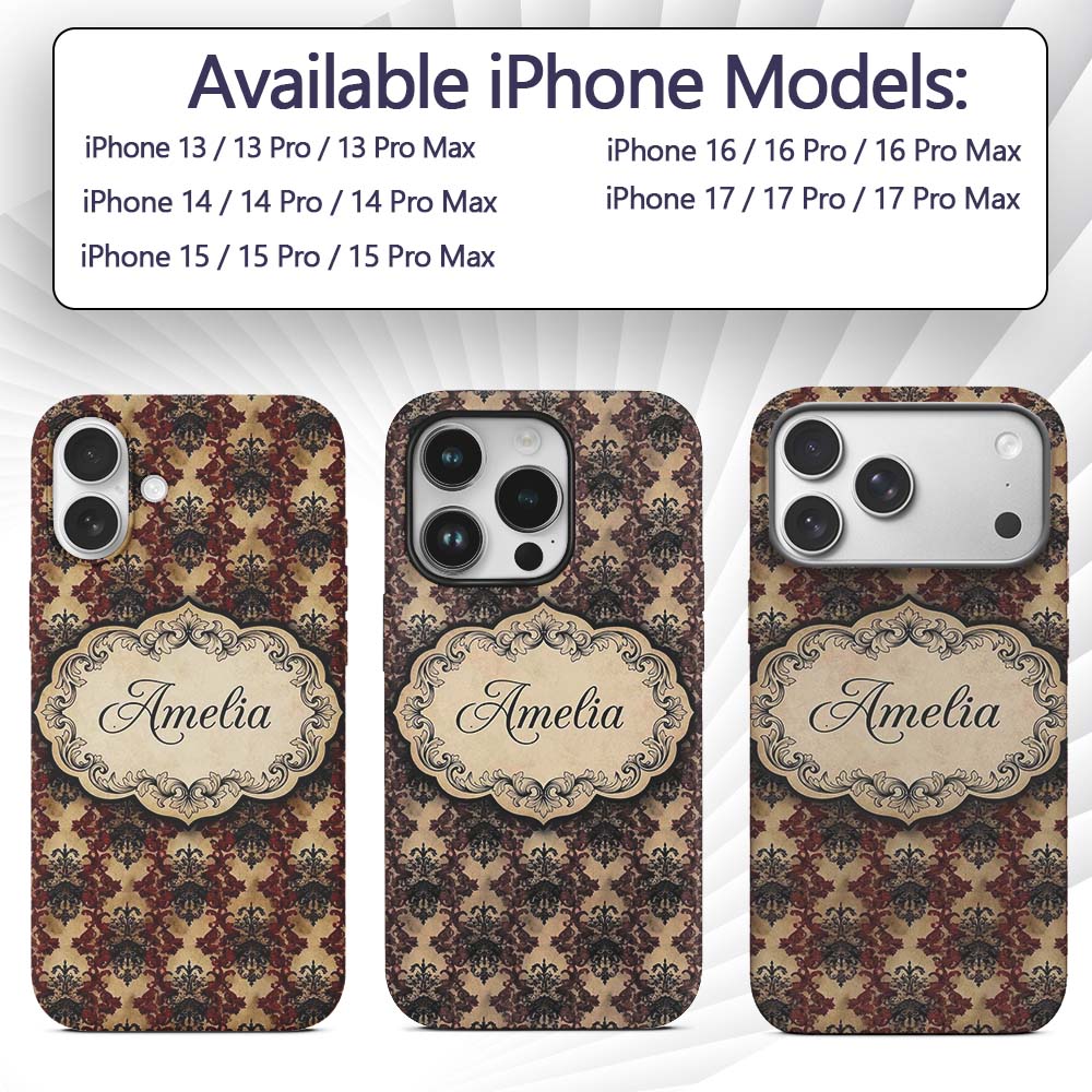 Ornate Red Black Vintage Damask Floral Baroque Custom Name Protective Phone Case Mobile Cover Durable Everyday Smartphone Shock Resistant