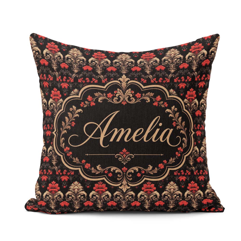 Custom Name Luxury Black Red Gold Floral Baroque Damask Seamless Square Filled Cushion Throw Pillow Sofa Bed Home Decor Zip Washable UK Made