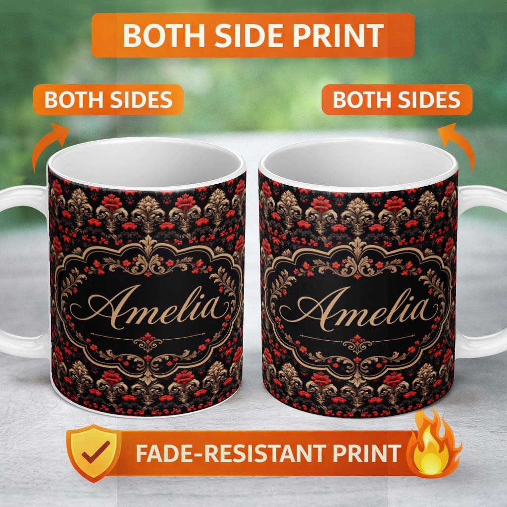 Personalized Custom Name Luxury Black Red Gold Floral Baroque Damask Seamless Pattern Name 11oz Ceramic Coffee Tea Mug White Large Handle