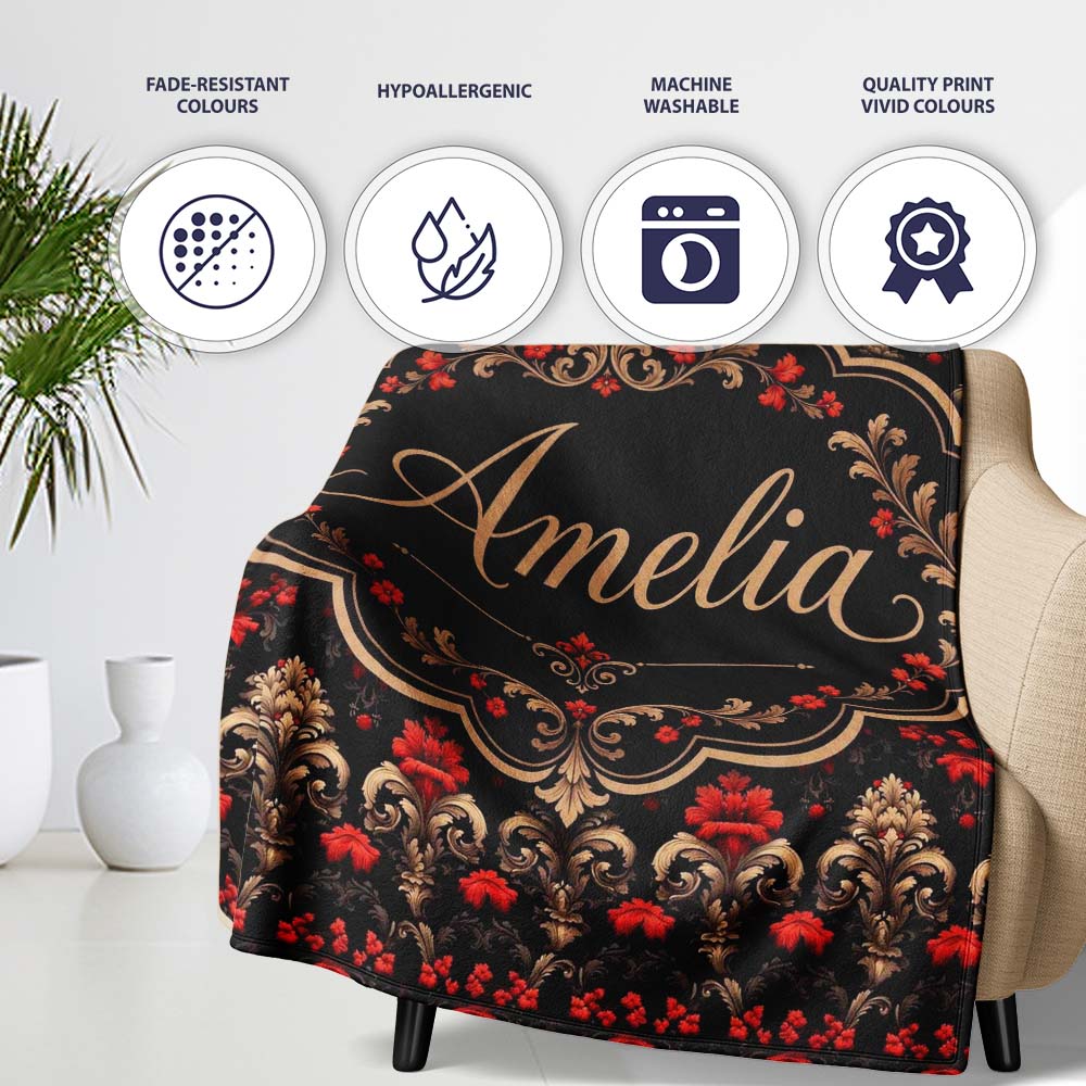 Luxury Black Red Gold Floral Baroque Damask Seamless Pattern Name Personalised Custom Name Super Soft Fleece Blanket Bed Sofa Throw