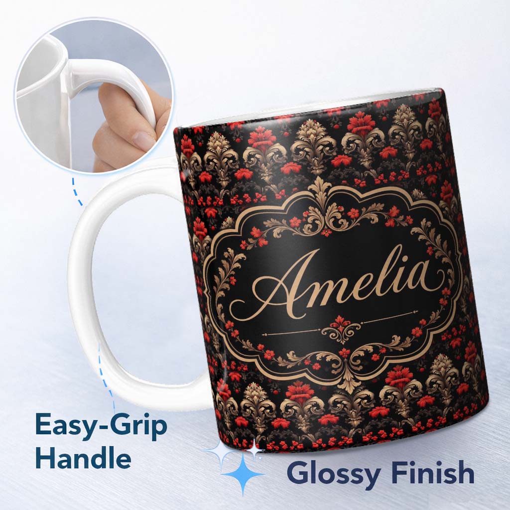 Personalized Custom Name Luxury Black Red Gold Floral Baroque Damask Seamless Pattern Name 11oz Ceramic Coffee Tea Mug White Large Handle