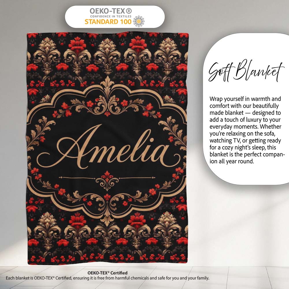 Luxury Black Red Gold Floral Baroque Damask Seamless Pattern Name Personalised Custom Name Super Soft Fleece Blanket Bed Sofa Throw