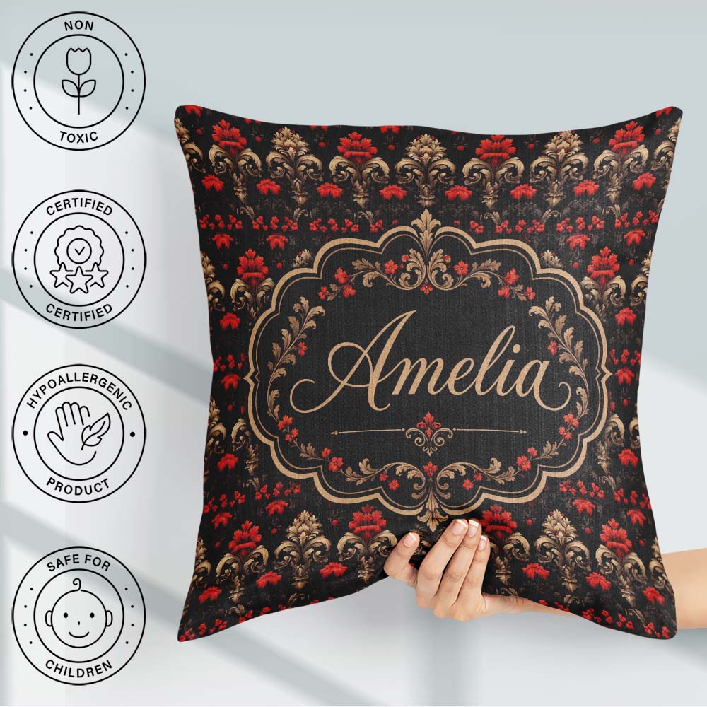 Custom Name Luxury Black Red Gold Floral Baroque Damask Seamless Square Filled Cushion Throw Pillow Sofa Bed Home Decor Zip Washable UK Made
