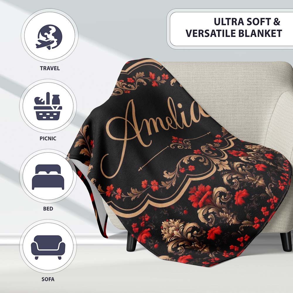 Luxury Black Red Gold Floral Baroque Damask Seamless Pattern Name Personalised Custom Name Super Soft Fleece Blanket Bed Sofa Throw