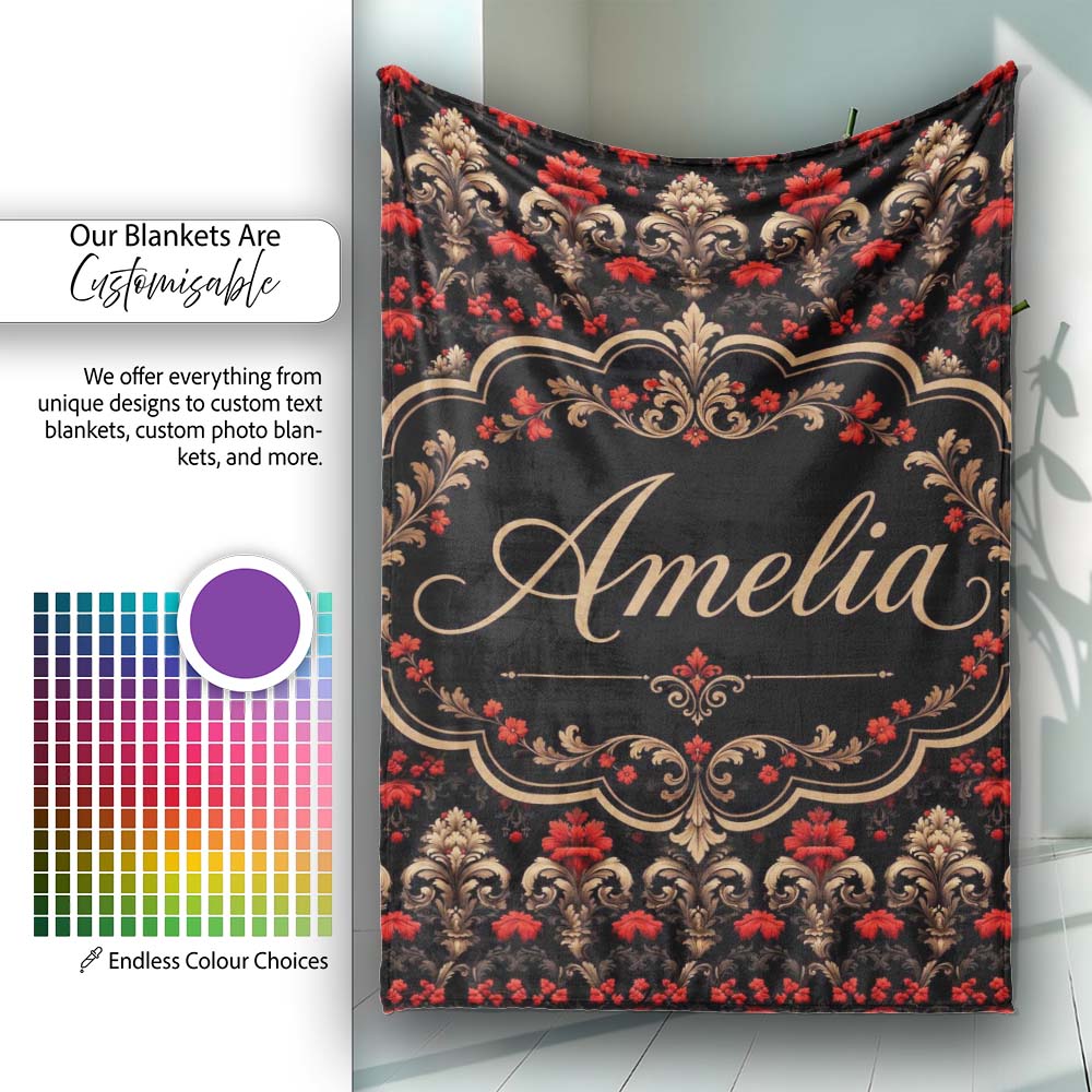Luxury Black Red Gold Floral Baroque Damask Seamless Pattern Name Personalised Custom Name Super Soft Fleece Blanket Bed Sofa Throw