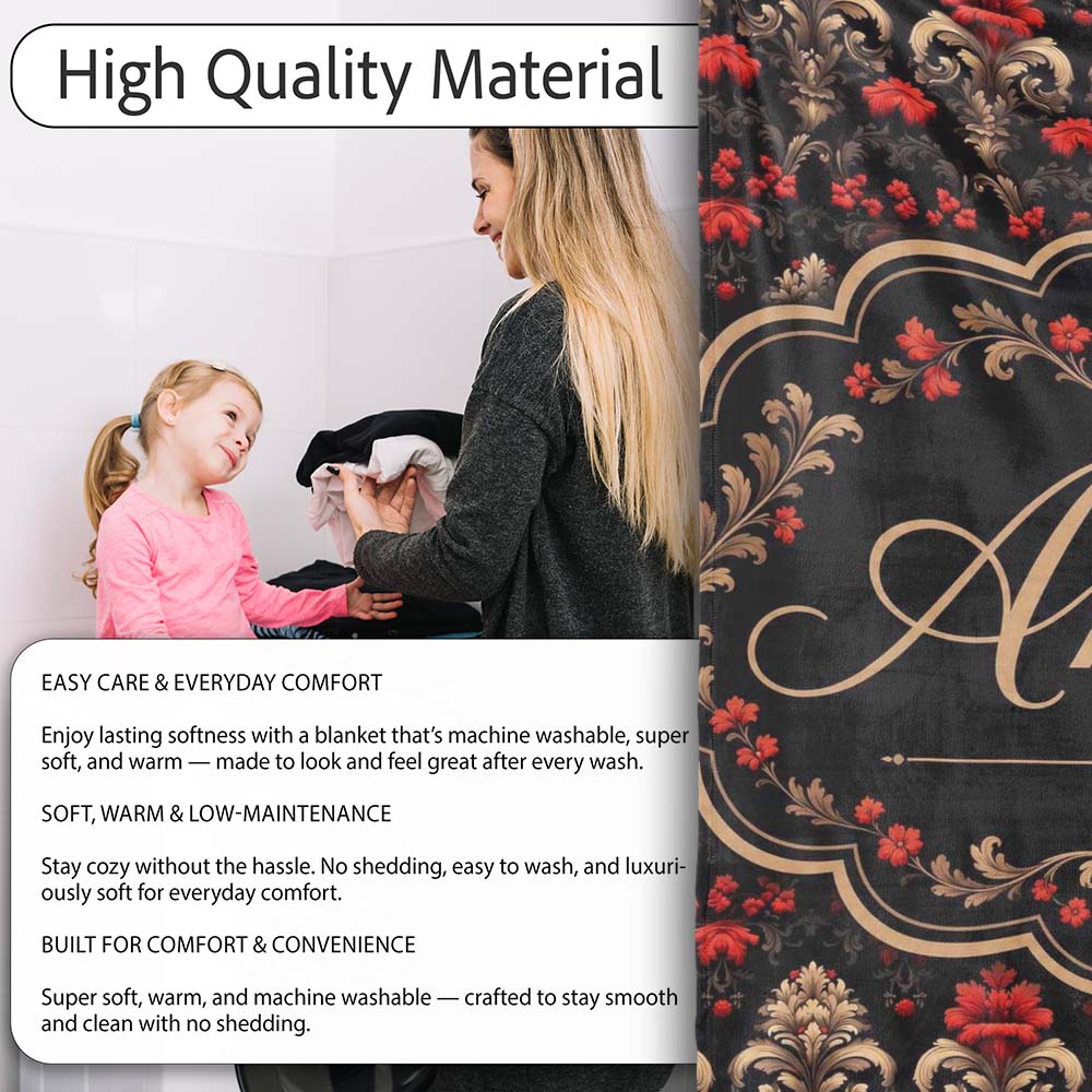 Luxury Black Red Gold Floral Baroque Damask Seamless Pattern Name Personalised Custom Name Super Soft Fleece Blanket Bed Sofa Throw