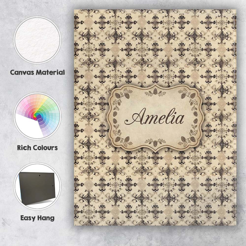 Personalised Name Classic Beige Ornamental Custom Unique Gift Idea Elegant Feature Canvas Wall Art Print Decor Picture Ready to Hang