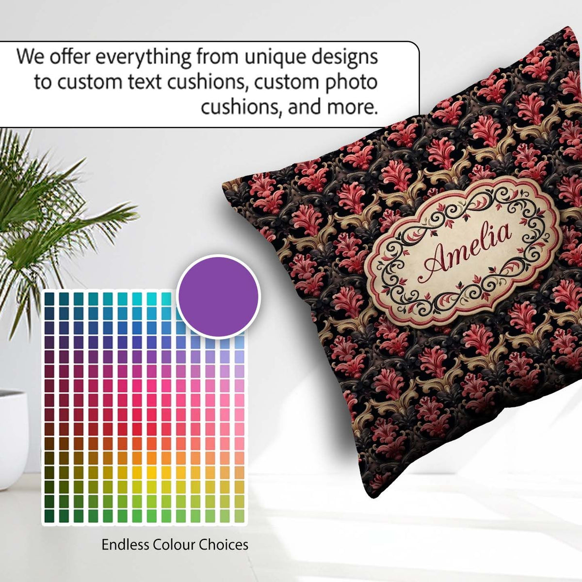 Custom Name Luxury Red Gold Ornate Baroque Seamless Pattern Name Square Filled Cushion Throw Pillow Sofa Bed Home Decor Zip Washable UK Made