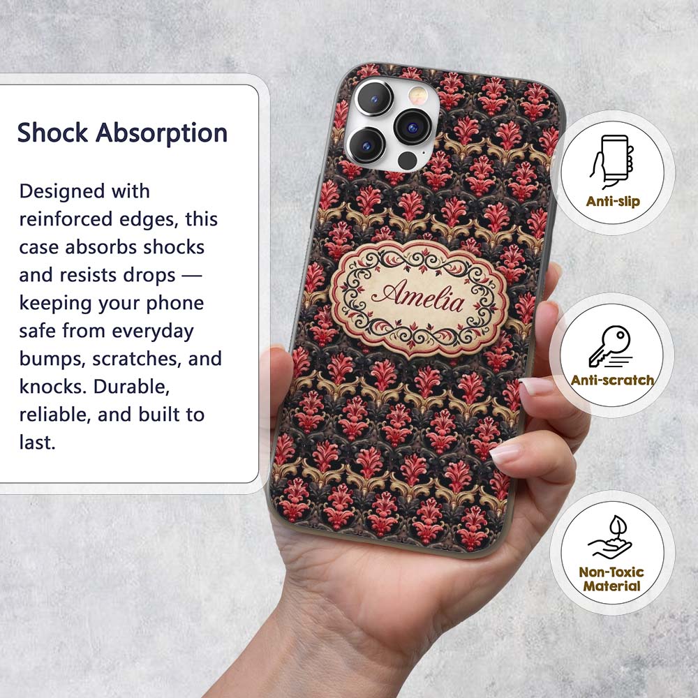 Luxury Red Gold Ornate Baroque Damask Seamless Custom Name Protective Phone Case Mobile Cover Durable Everyday Smartphone Shock Resistant
