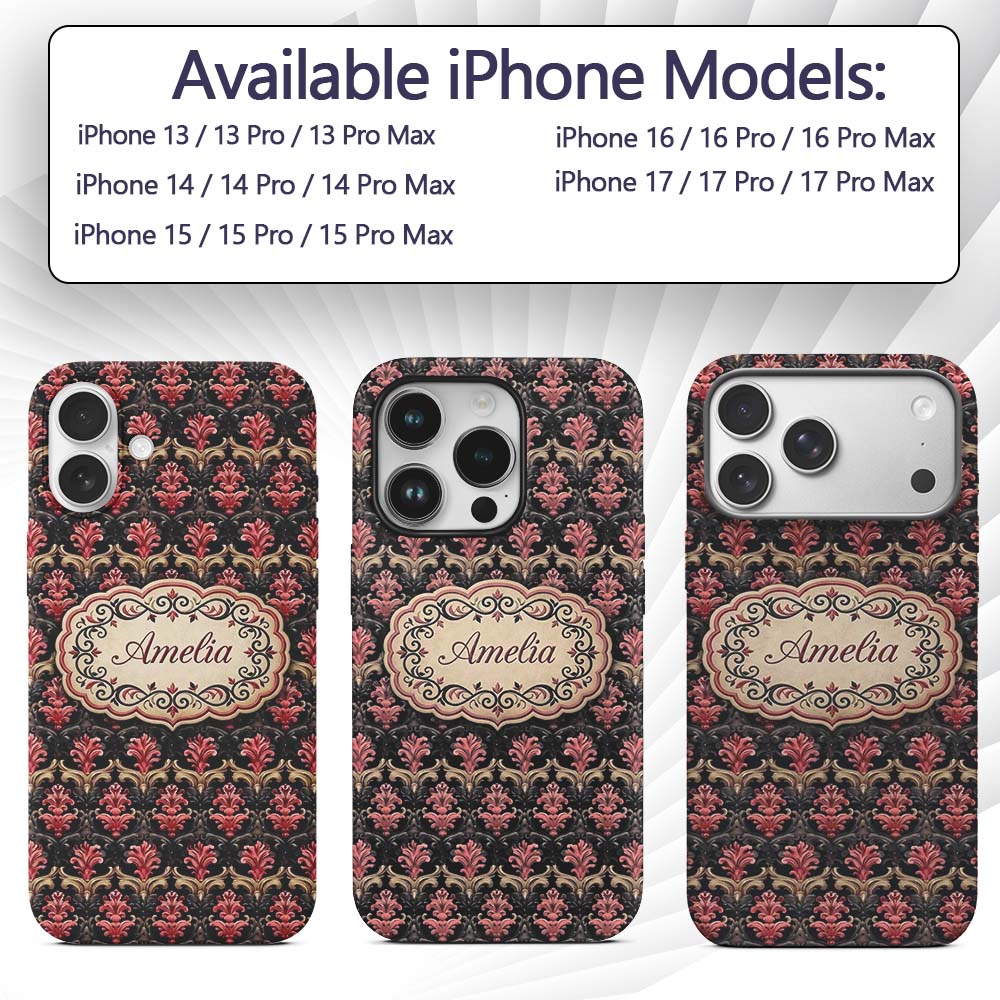Luxury Red Gold Ornate Baroque Damask Seamless Custom Name Protective Phone Case Mobile Cover Durable Everyday Smartphone Shock Resistant