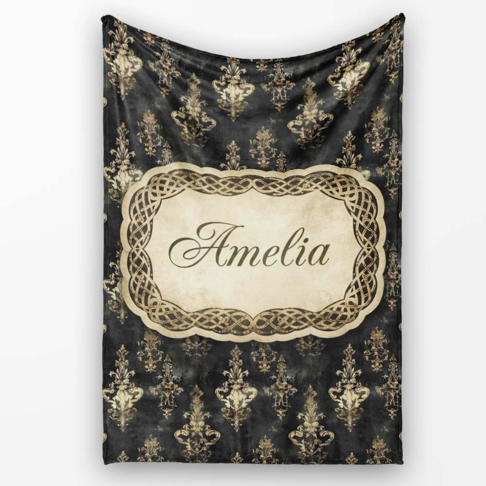 Antique Gold Vintage Distressed Damask Texture Seamless Pattern Personalised Custom Name Super Soft Fleece Blanket Bed Sofa Throw