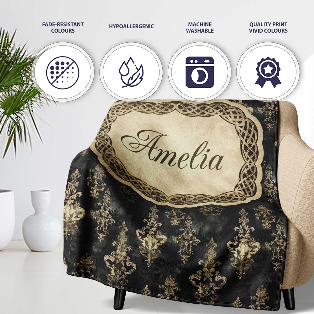 Antique Gold Vintage Distressed Damask Texture Seamless Pattern Personalised Custom Name Super Soft Fleece Blanket Bed Sofa Throw