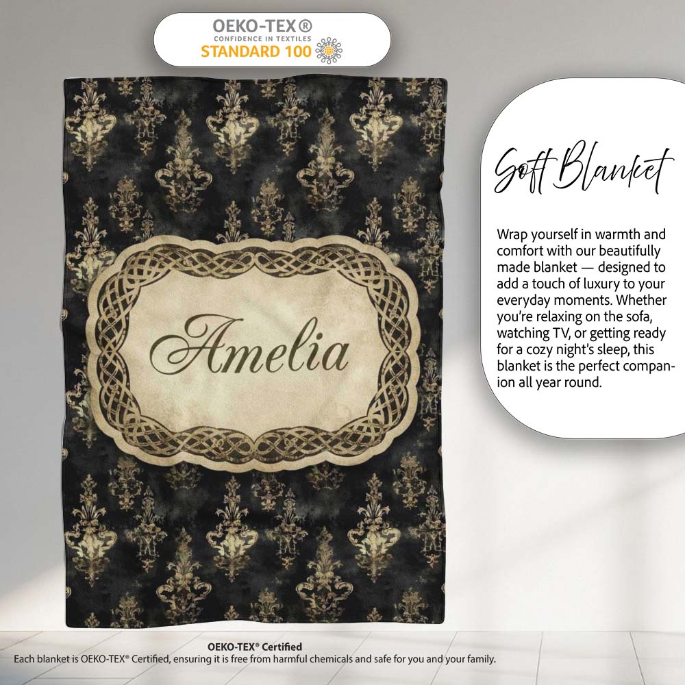 Antique Gold Vintage Distressed Damask Texture Seamless Pattern Personalised Custom Name Super Soft Fleece Blanket Bed Sofa Throw