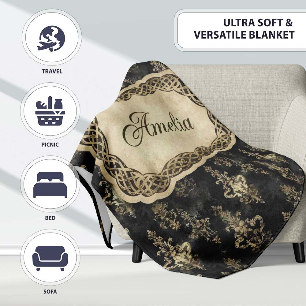 Antique Gold Vintage Distressed Damask Texture Seamless Pattern Personalised Custom Name Super Soft Fleece Blanket Bed Sofa Throw