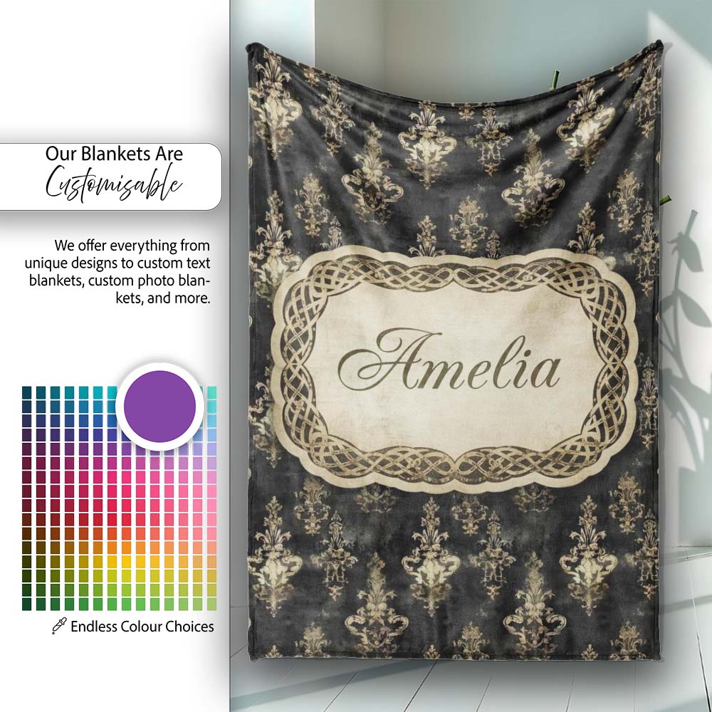 Antique Gold Vintage Distressed Damask Texture Seamless Pattern Personalised Custom Name Super Soft Fleece Blanket Bed Sofa Throw