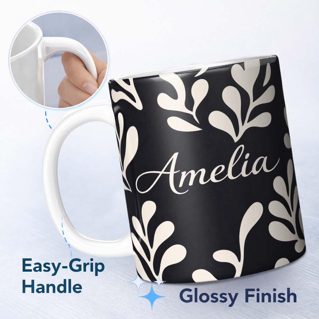 Personalized Custom Name Midnight Botanical Flow Black Cream Abstract Leaf Pattern Lovely 11oz Ceramic Coffee Tea Mug White Large Handle