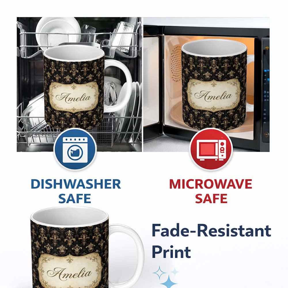 Personalized Custom Name Classic Gold Black Elegant Baroque Floral Damask Seamless Pattern 11oz Ceramic Coffee Tea Mug White Large Handle