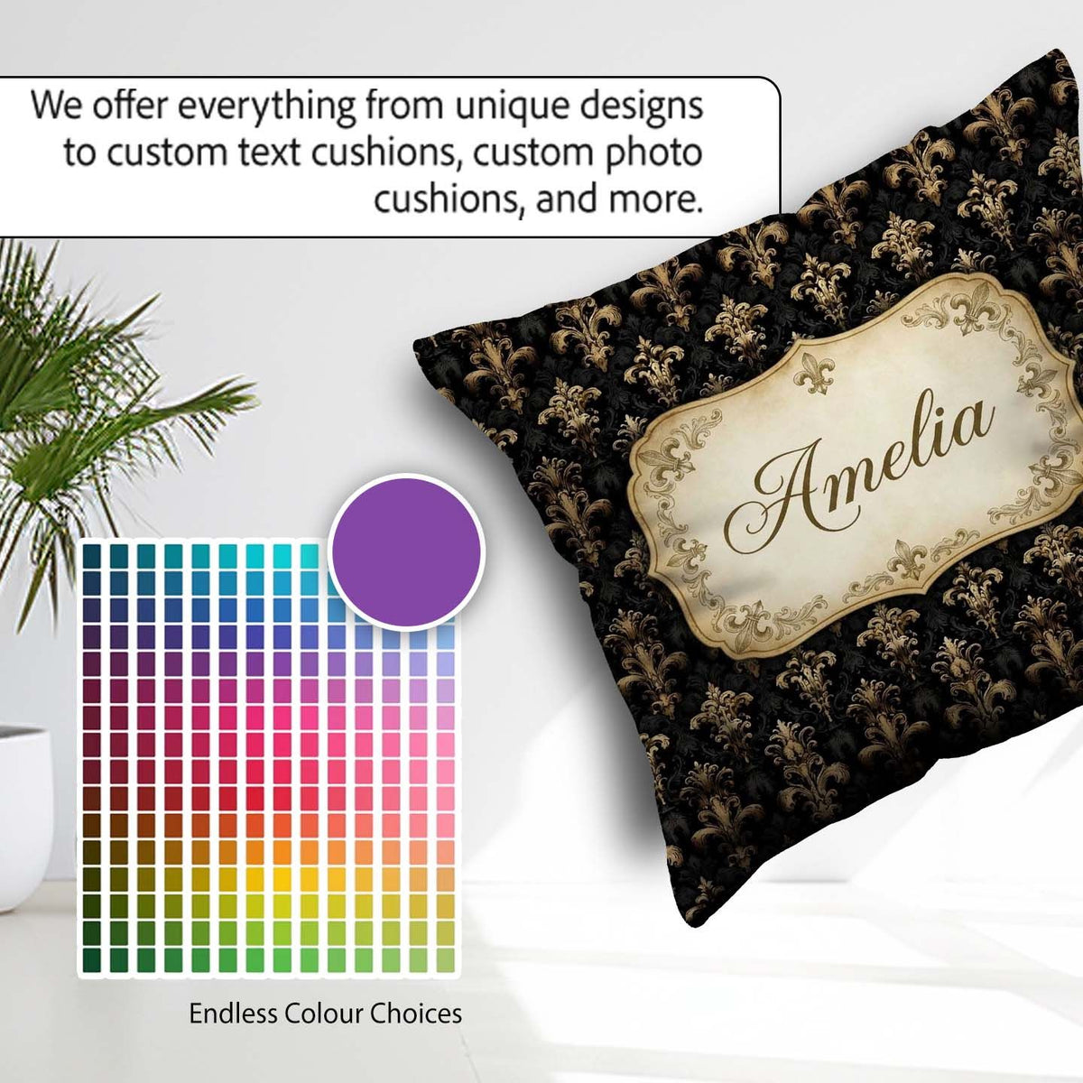Custom Name Classic Black Elegant Baroque Floral Damask Seamless Square Filled Cushion Throw Pillow Sofa Bed Home Decor Zip Washable UK Made