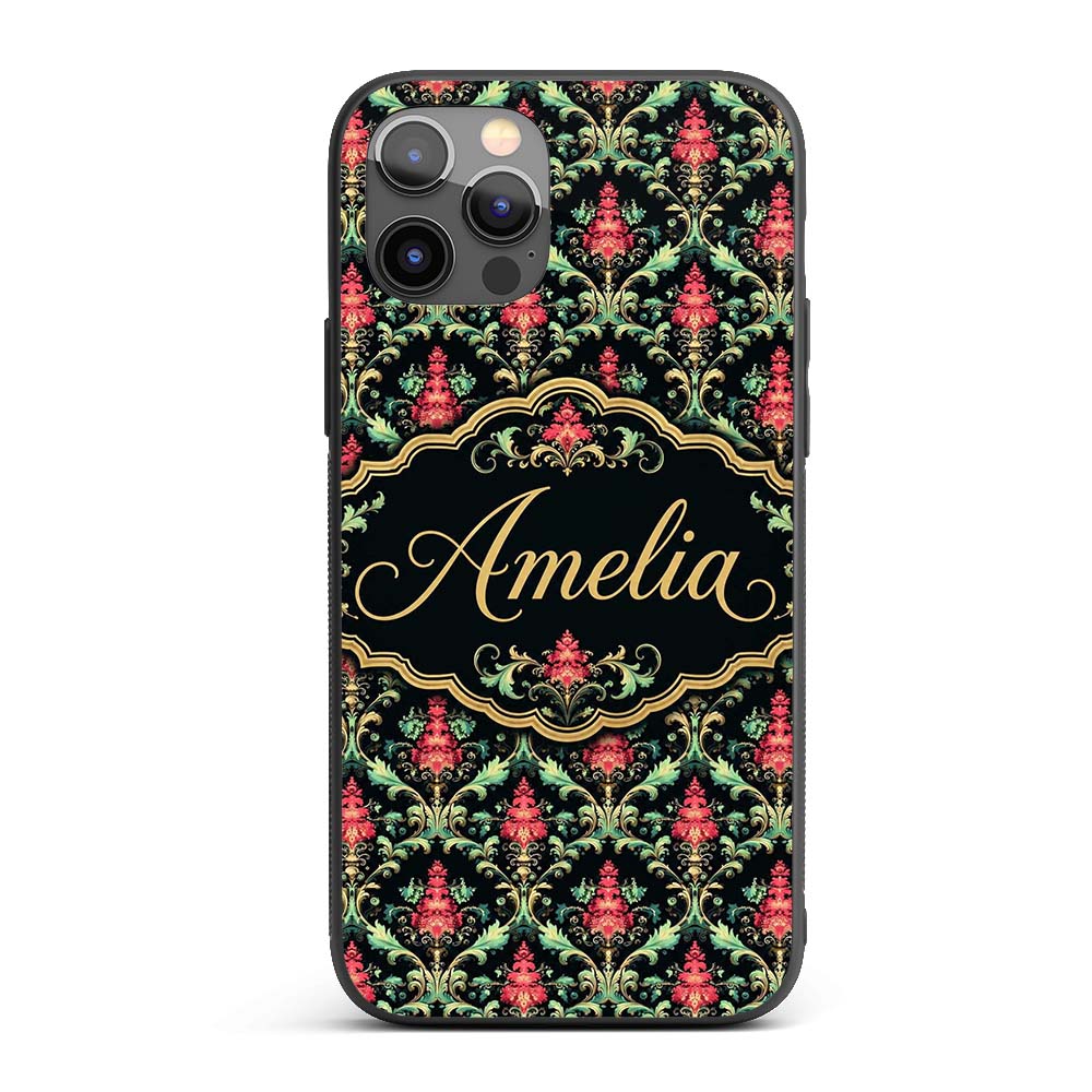 Vibrant Pink Teal Ornate Floral Baroque Damask Custom Name Protective Phone Case Mobile Cover Durable Everyday Smartphone Shock Resistant